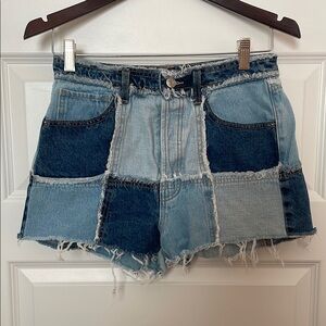 Blue Patchwork Jean Shorts with Distressed Hem